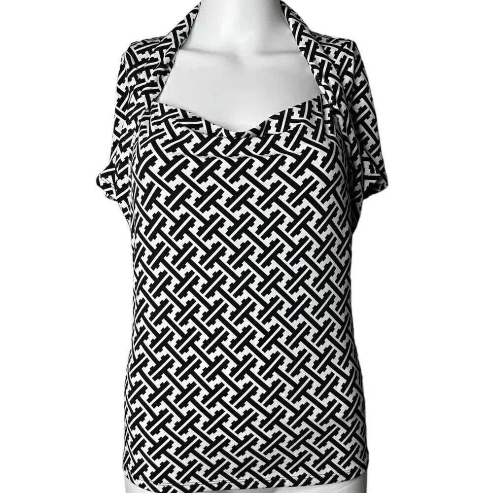 Antonio Melani Patterned Short Sleeve Blouse White & Black Size Medium